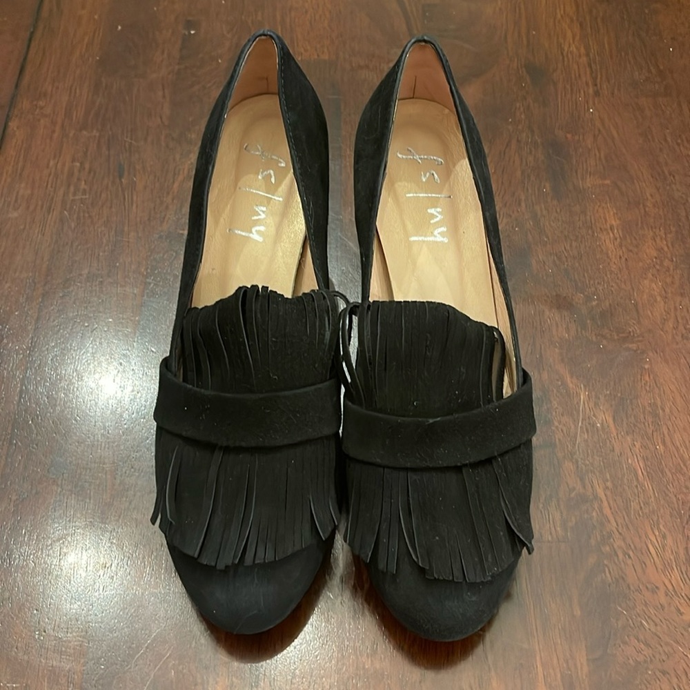 French Sole Shoes. FS/NY. Suede Block Heel Color Black Size 8.5 B